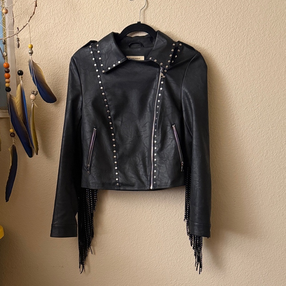 Glamorous Black Studded Fringe Faux Leather Jacket